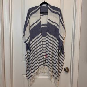 Isaac Mizrahi Blue and White Striped Poncho with Fringe